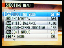 Menu při snímání