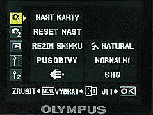 Menu při snímání