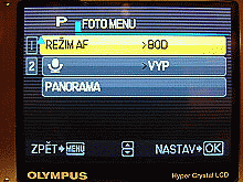 Menu při snímání