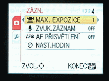 Menu při snímání