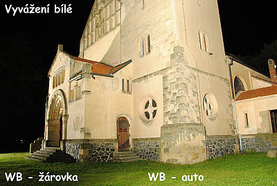 Obrázek č. 12 - Pohled na celkovou testovací noční scénu se srovnáním nastavení vyvážení bílé