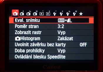 Canon - První strana Menu