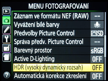 Active D-Lighting, nastavení HDR