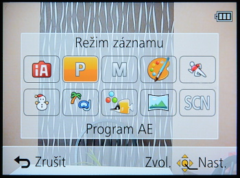 Hlavní menu režimů